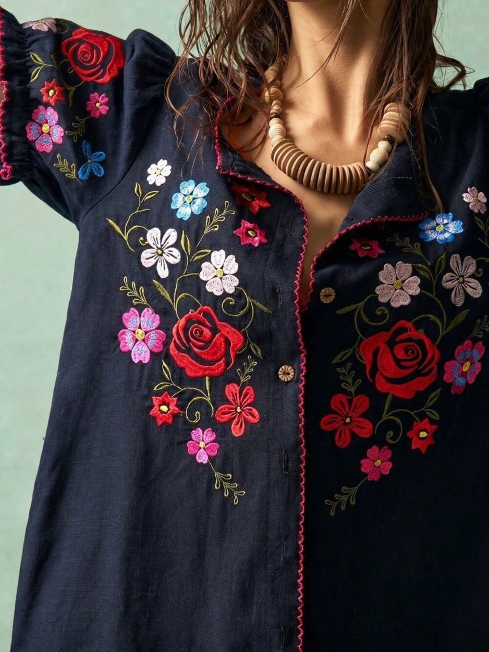 Black Boho Women's Casual Embroidered V-Neck Short Sleeve Woven Blouse - Picture 5 of 7